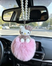 Cute Rhinestone Crystal Hello Kitty Auto Car Pendant Pompom Real Fur picture