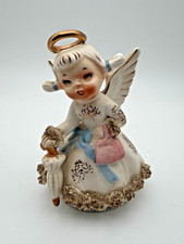 Vintage Lefton Japan August Angel Figurine Spaghetti Trim With Umbrella 4.5”h picture