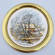 Vintage Currier & Ives Old Grist Mill Ceramic Wall Plaque Brass Frame 7.25