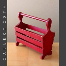 ADORABLE MID CENTURY WOOD MAGAZINE RACK DISTRESSED RED 60S VINTAGE SHABBY CHIC picture