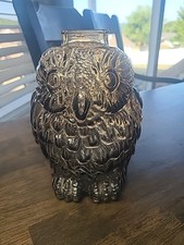 Vintage Glass Wise Old Owl Bank Clear Embossed Piggy Bank Retro picture