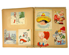 Vtg 1940s Scrapbook Album Filled Cut-Out Cards Illustrations Ephemera Americana picture