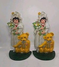 Vintage Cast Iron Doorstop pair Victorian Girl With Teddy Bear Bouquet Flowers picture