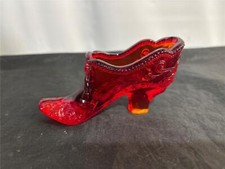 Amberina Glass Shoe Slipper Bow & Scroll Design Fenton Wright picture