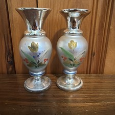 Vtg Antique Victorian Silver Mercury Glass VasesFlowers Pedestal Hand Painted 6” picture