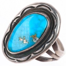 sz7.25 vintage Navajo sterling silver deep stamped waterweb turquoise ring picture