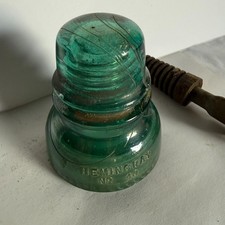 Vintage Hemingray No 40 Glass Insulator Aqua Green Pat 1893 W/ Metal Pin Bolt picture
