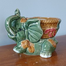Glazed Ceramic Elephant Planter w/ Basket Small 5x4 in Jade Green Elephant Decor picture