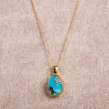 Oval Cut Blue Turquoise Firoza Gemstone Pendant Necklace 14K Yellow Gold Plated picture