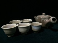 T0597 Vintage Japanese Pottery Kyusu Teapot 5 Tea Cups Set Green Tea Ware picture