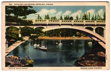 Depoe Bay and Bridge Depoe Bay Oregon Coast Highway Sailboats c1930s Postcard picture