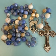 Vintage Italian Cats Eye Glass Beads  Silver Tone Cross Rosary Italy picture