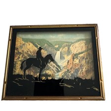Vintage Haynes Yellowstone Park Wyoming Reverse Glass Cowboy Picture 5x4 picture