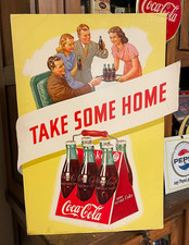 1947 COCA~COLA “TAKE SOME HOME” CARDBOARD EASEL SIGN -  GREAT CONDITION picture