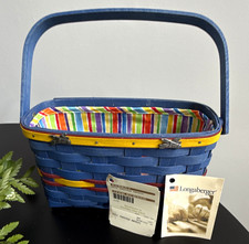 Longaberger 1991 Small Blue Woven Storage Basket w/ Handle & Liner, Tags picture