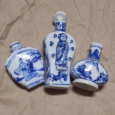 Vintage Chinese Blue & White Porcelain Snuff Bottles - Set of 3 w Artemisia Leaf picture