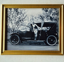Framed 1910s Black & White Photo Woman Posing With Early Automobile picture