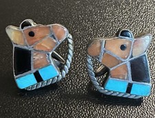 Native American Authentic ZUNI silver, turquoise, coral and black jet earrings picture