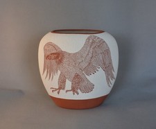 Vernon Bert Jojola - Isleta Pueblo Handcrafted Etched Pot - Eagle, Sun Face - 8