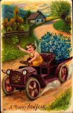 Antique  Postcard  Angel Child Driving An Antique Car  1910 Happy New Year picture