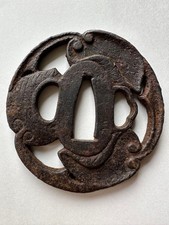 Japanese Iron Sukashi Tsuba Leaf Openwork Round Antique Sword Fitting picture