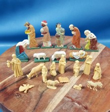 Two Miniature VTG 1960s Nativity Sets; Wood Carved Painted & Plastic Micro Mini picture