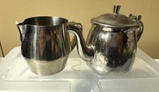 Stainless Steel Silver 2pc Tea Set Teapot & Creamer w/ Lid Handles 13-8 picture