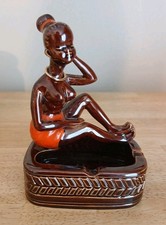 Vtg 1950s Ashtray Kreiss & Co. African Tribal Woman Figure Gloss Brown w/Label picture