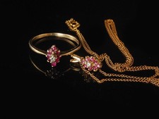 VINTAGE RED PINK RUBY DIAMOND 10K YELLOW GOLD PENDANT NECKLACE RING picture