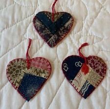 Three Heart Ornaments, Hand Made, Antique Quilt Top, Early Calicos picture