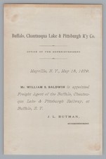 1879 Buffalo Chautauqua Lake & Pittsburgh Railway Railroad Appointment Notice picture