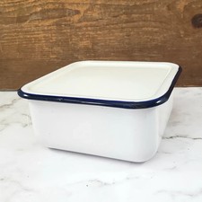 Vintage White Enamelware Square Storage Container Refrigerator Box Blue Trim Lid picture