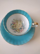 Aynsley Turquoise Cabbage Rose Teacup Saucer Signed J.A. Bailey England Vintage picture