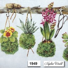 (1949) TWO Individual Paper LUNCHEON Decoupage Napkins HANGING PLANTS MOSS BALLS picture