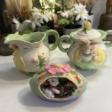 Tammany Devine Demdaco Bunny Rabbit Sugar Bowl & Creamer Pots And VTG Egg picture
