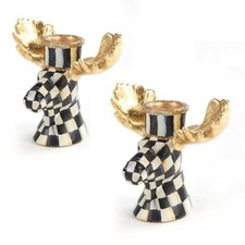 NEW MacKenzie-Childs COURTLY CHECK MOOSE CANDLESTICKS So festive & fun NEW/MINT picture