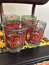 Vintage Houze Merry Christmas Lowball Glasses Set of 4 Stained Glass Pattern Red picture