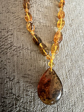 Vintage Amber Bead Necklace with Mosquito Inclusion Beads with Tear Drop Pendant picture