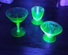 VTG Green Uranium Glass Lot of 3 Glows UV Anchor Hocking Cameo Tiffin Hazel Atla picture