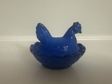 Vintage Blue Milk Glass Opaline Hen on Nest Miniature Salt Cellar picture