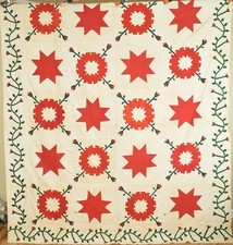 OUTSTANDING Vintage 1860s Red & Green Stars & Wreaths Applique Antique Quilt Top picture