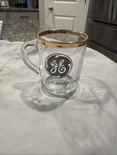 Vtg GE Logo Mug Clear Glass With Gold Rim General Electric Aircraft Engines Prop picture