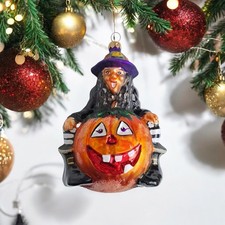 Christopher Radko Punkin Pals VTG 1996 Glass Halloween Ornament 6” Witch Pumpkin picture