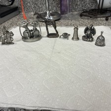 7 Vintage Pewter Die Cast Miniatures Figurines Animals , lighthouse , Bell + picture