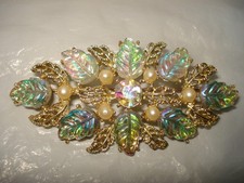 Rhinestone Iridescent Leaves Brooch Pin  Green Molded VTG 50's Botanical 3” picture