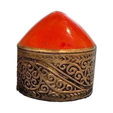Vintage Red Domed Lid Metal Trinket Box Embossed Scroll Base Small 2 in Unique picture