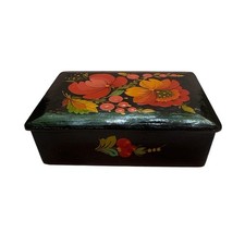 Vintage USSR Petrykivka Hand Painted Wooden Jewelry Trinket Box Ukraine Folk Art picture