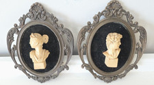 VTG Sungott Art Studios New York Brass Framed Roman Heads Wall Art 5” Pair Rare picture