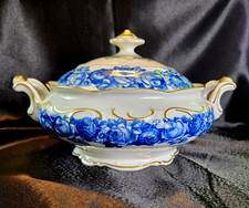 Schumann Germany “Heirloom” Blue Rose Porcelain Covered Serving Bowl – Gold Trim picture