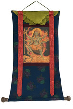 KALI MAHAKALI HAND-PAINTED TIBETAN THANGKA OIL VARNISHED WITH COTTON BROCADE picture